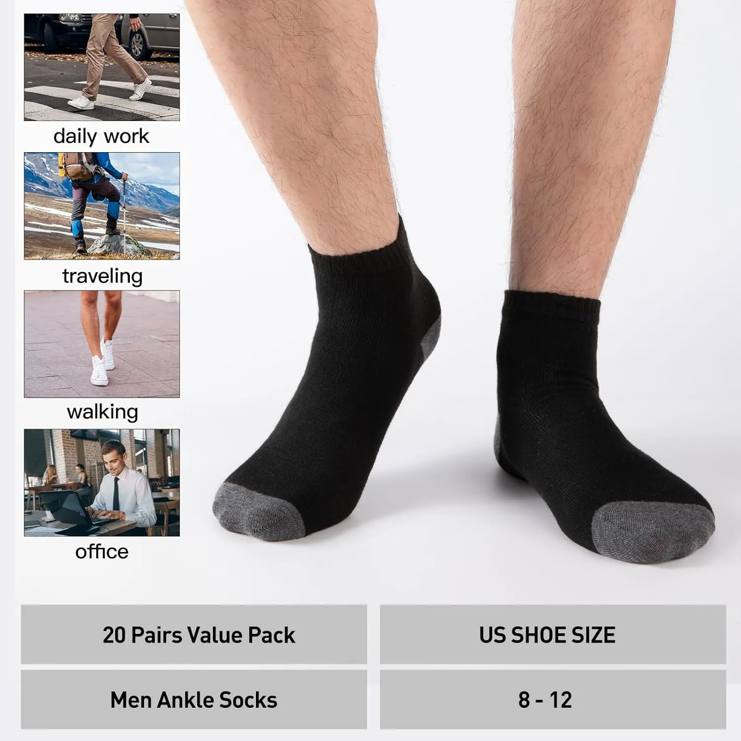 20 Pack 3 Styles Men's/Women's Ankle Socks Bulk - Breathable Thin Athletic Casual Socks, Fits Shoe Size 8-12