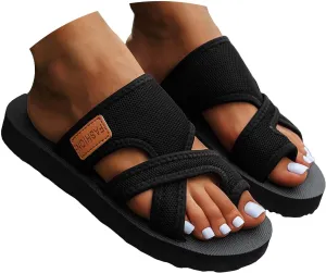 2024 Women's Hollow Mesh Slide Sandals Flat Slip on Casual Sandals with Open Toe Ring Loop Strap Arch Support Beach Sandals