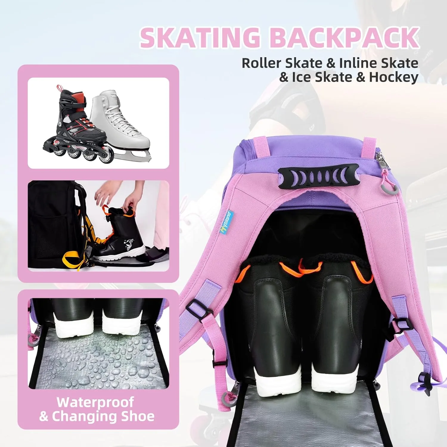 3 Pcs Roller Skate Bag Internal waterproof Ice Skate Bag roller skate backpack with Multi-Pockets Skate Bag Fits to US women and man Skateing Accessory with Covers Towel Locking Carabiner