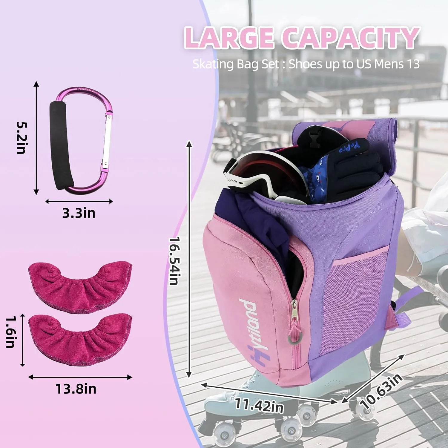 3 Pcs Roller Skate Bag Internal waterproof Ice Skate Bag roller skate backpack with Multi-Pockets Skate Bag Fits to US women and man Skateing Accessory with Covers Towel Locking Carabiner