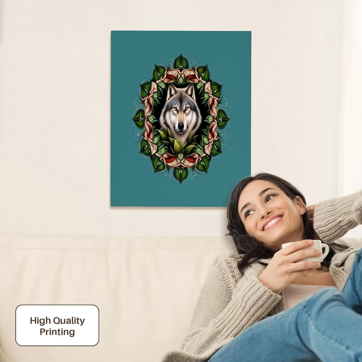 3dRose, A Timber Wolf Surrounded By Ladys Slipper Minnesota State Tattoo Art, Museum Grade Canvas Wrap 16x20