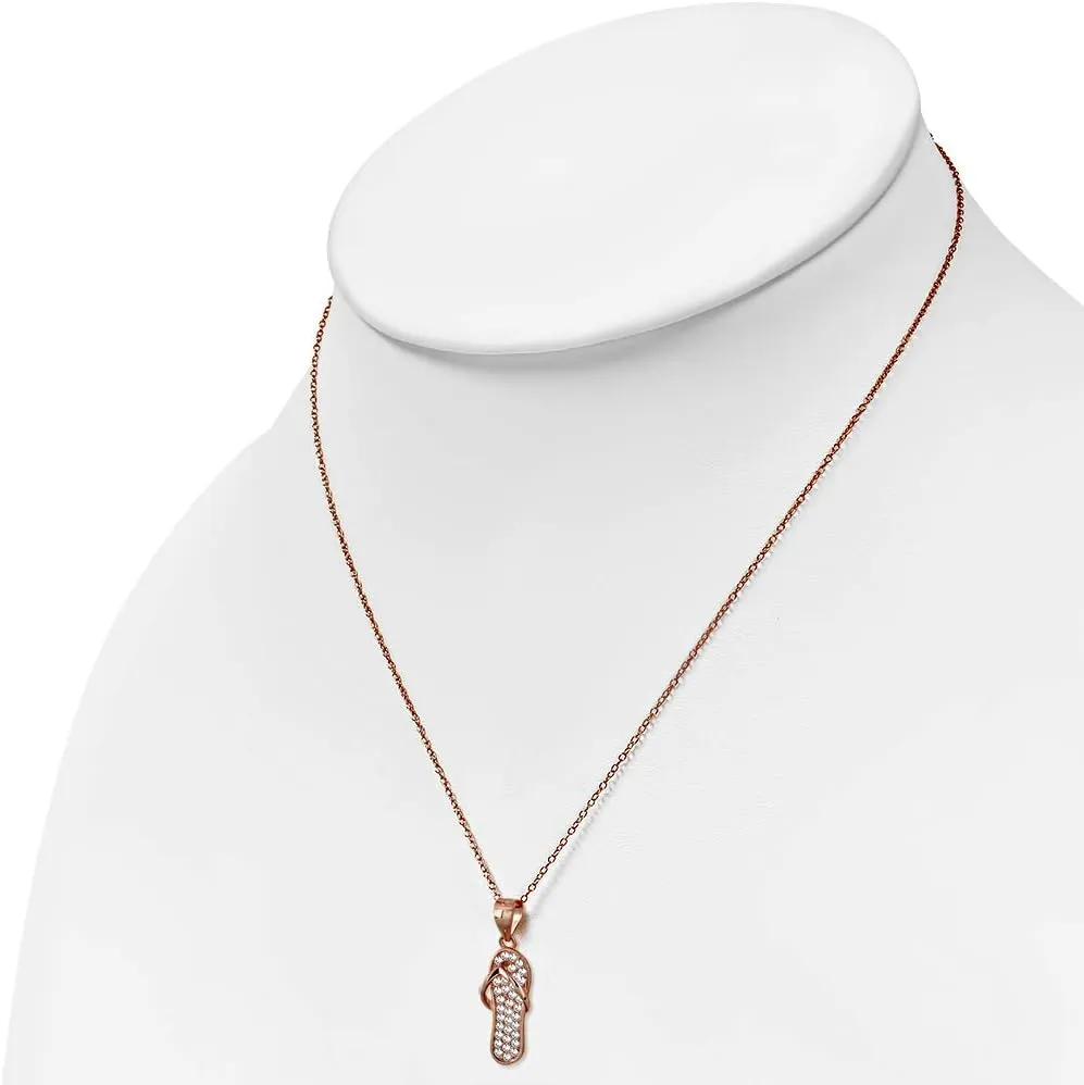 925 Sterling Silver CZ Womens Girls Flip-Flop Slipper Pendant Necklace