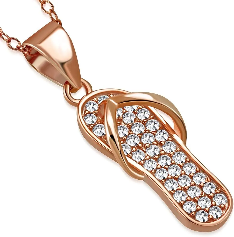 925 Sterling Silver CZ Womens Girls Flip-Flop Slipper Pendant Necklace