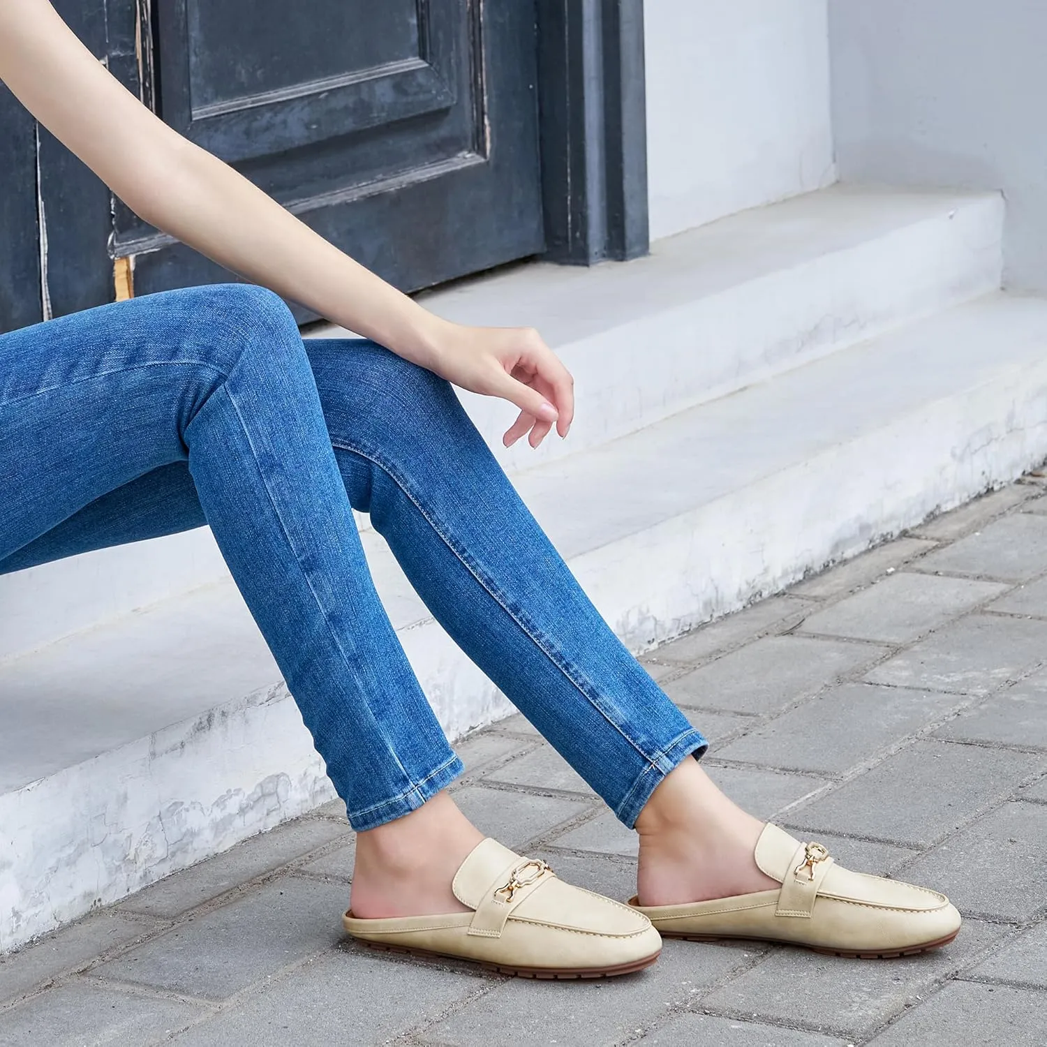 Ablanczoom Mules for Women Flat Shoes: Comfortable Slip on Flats for Womens Mule Metal Chain Backless Loafers Business Casual Shoe
