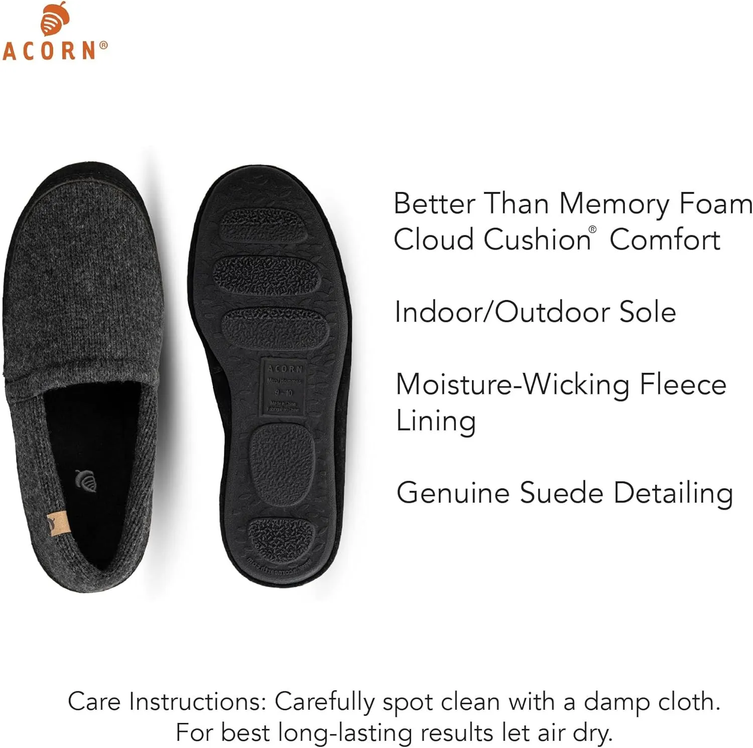 Acorn Men's Slippers with Memory Foam Insole Suede Sidewall and Rubber Outsole