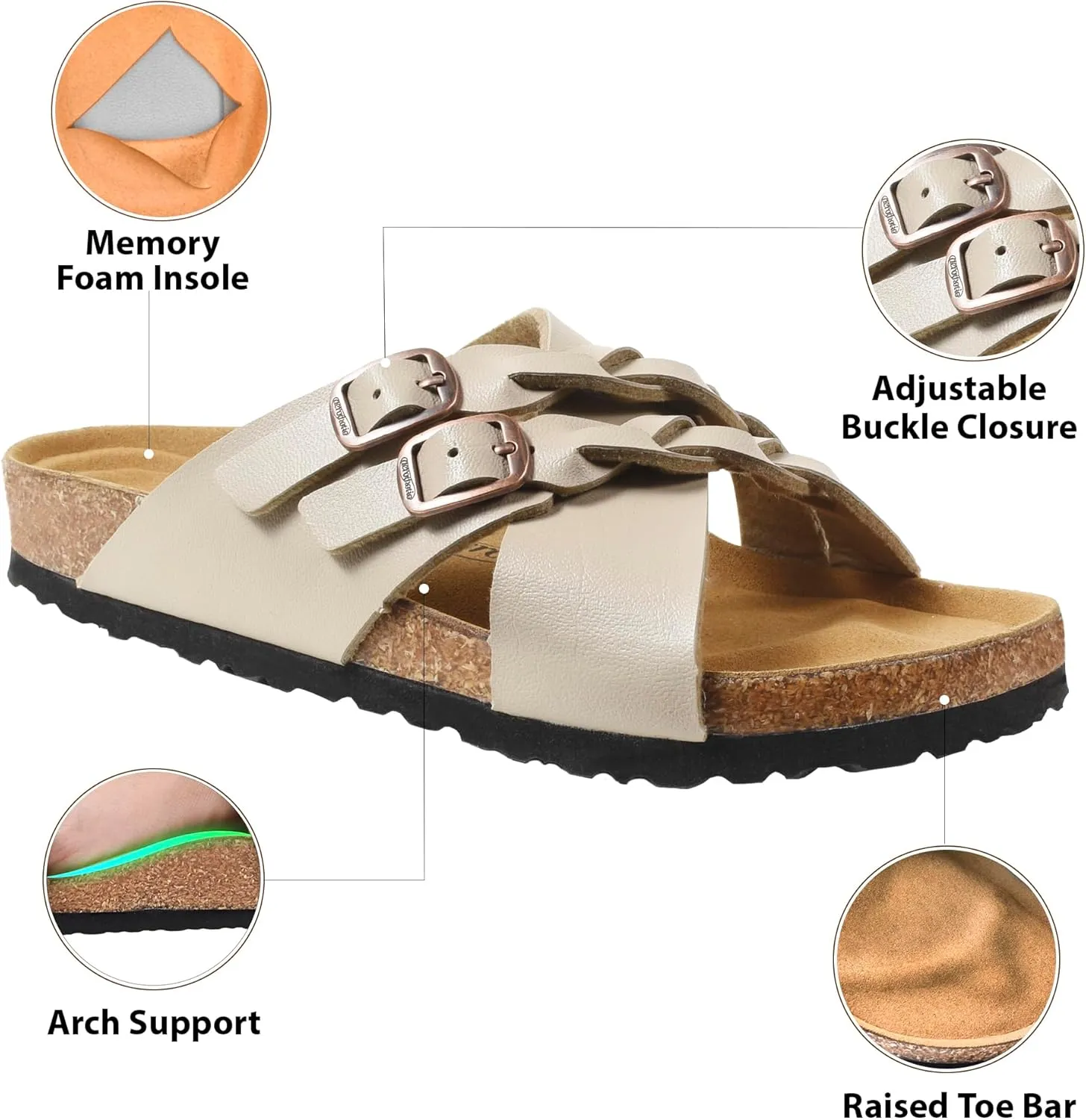 AEROTHOTIC Womens Slides - Soft Cork Footbed Sandals Women - Comfortable Walking Slip-on Flat Sandals - Arch Support Recovery Adjustable Buckle Leather Braided Straps Slipper 2025