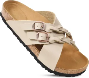 AEROTHOTIC Womens Slides - Soft Cork Footbed Sandals Women - Comfortable Walking Slip-on Flat Sandals - Arch Support Recovery Adjustable Buckle Leather Braided Straps Slipper 2025