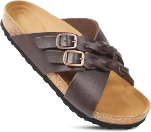 AEROTHOTIC Womens Slides - Soft Cork Footbed Sandals Women - Comfortable Walking Slip-on Flat Sandals - Arch Support Recovery Adjustable Buckle Leather Braided Straps Slipper 2025