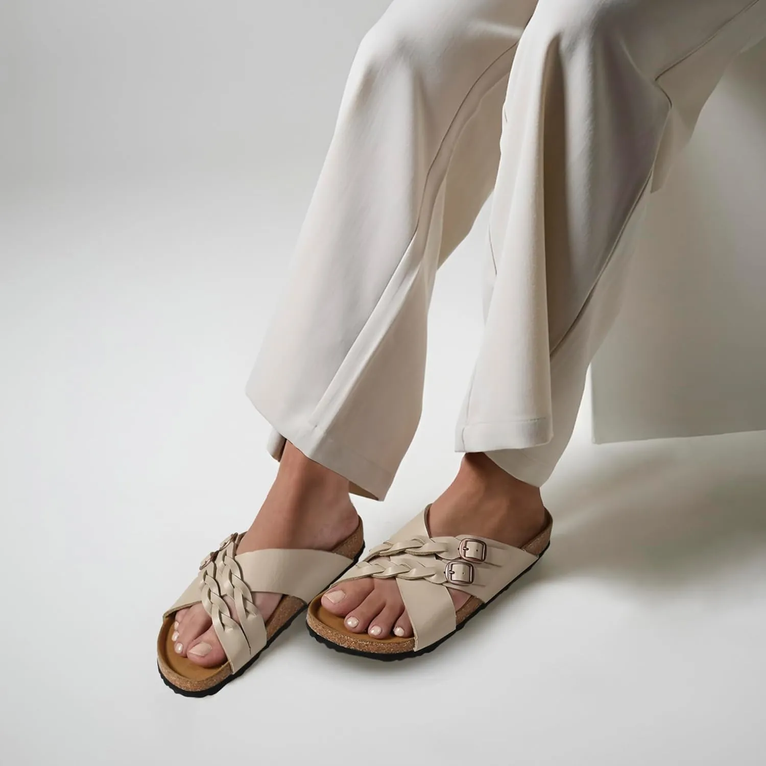 AEROTHOTIC Womens Slides - Soft Cork Footbed Sandals Women - Comfortable Walking Slip-on Flat Sandals - Arch Support Recovery Adjustable Buckle Leather Braided Straps Slipper 2025