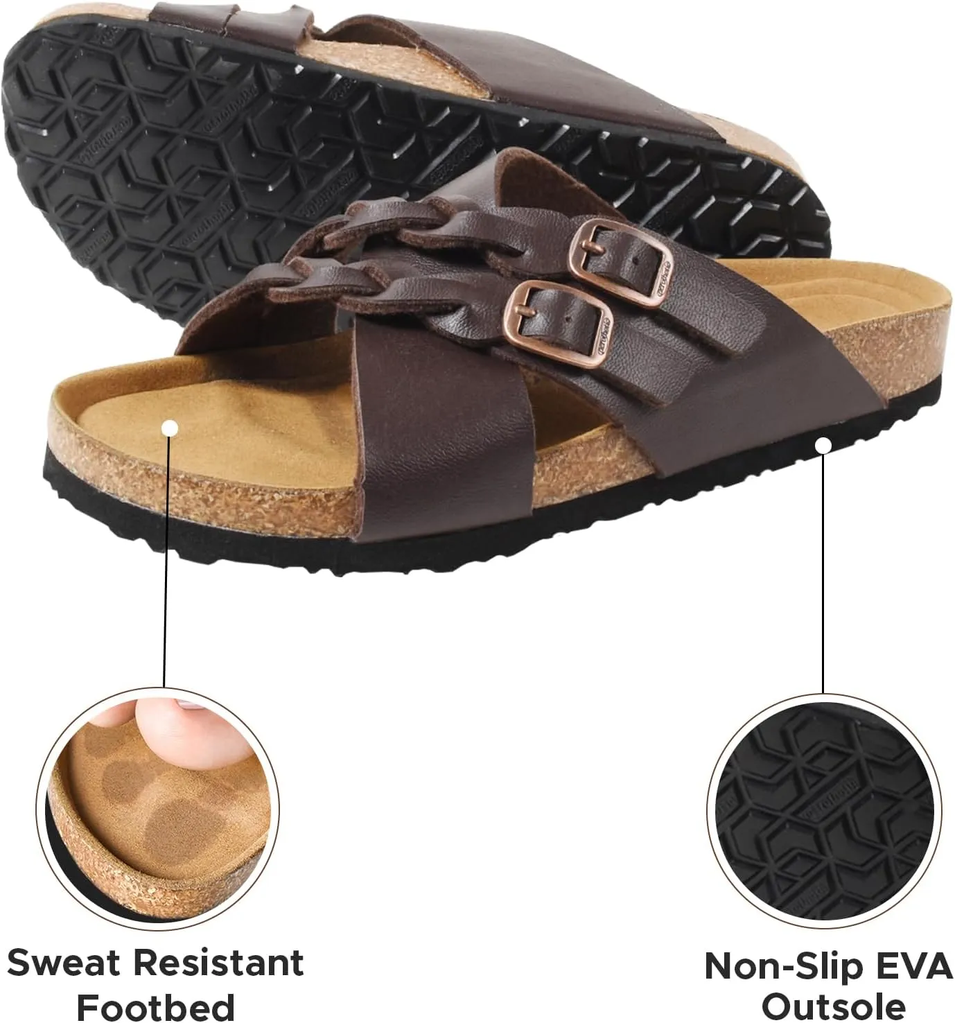 AEROTHOTIC Womens Slides - Soft Cork Footbed Sandals Women - Comfortable Walking Slip-on Flat Sandals - Arch Support Recovery Adjustable Buckle Leather Braided Straps Slipper 2025