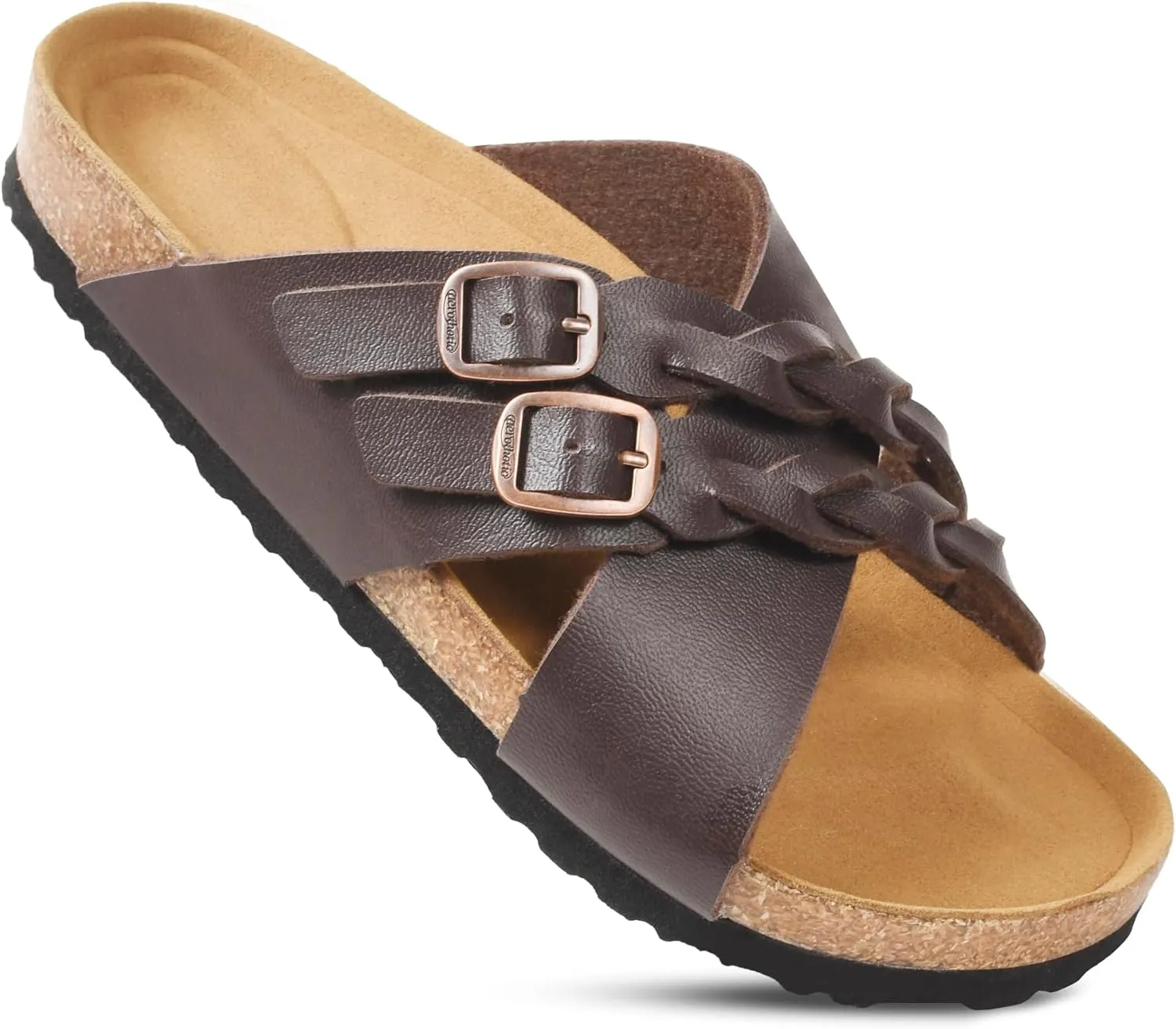 AEROTHOTIC Womens Slides - Soft Cork Footbed Sandals Women - Comfortable Walking Slip-on Flat Sandals - Arch Support Recovery Adjustable Buckle Leather Braided Straps Slipper 2025