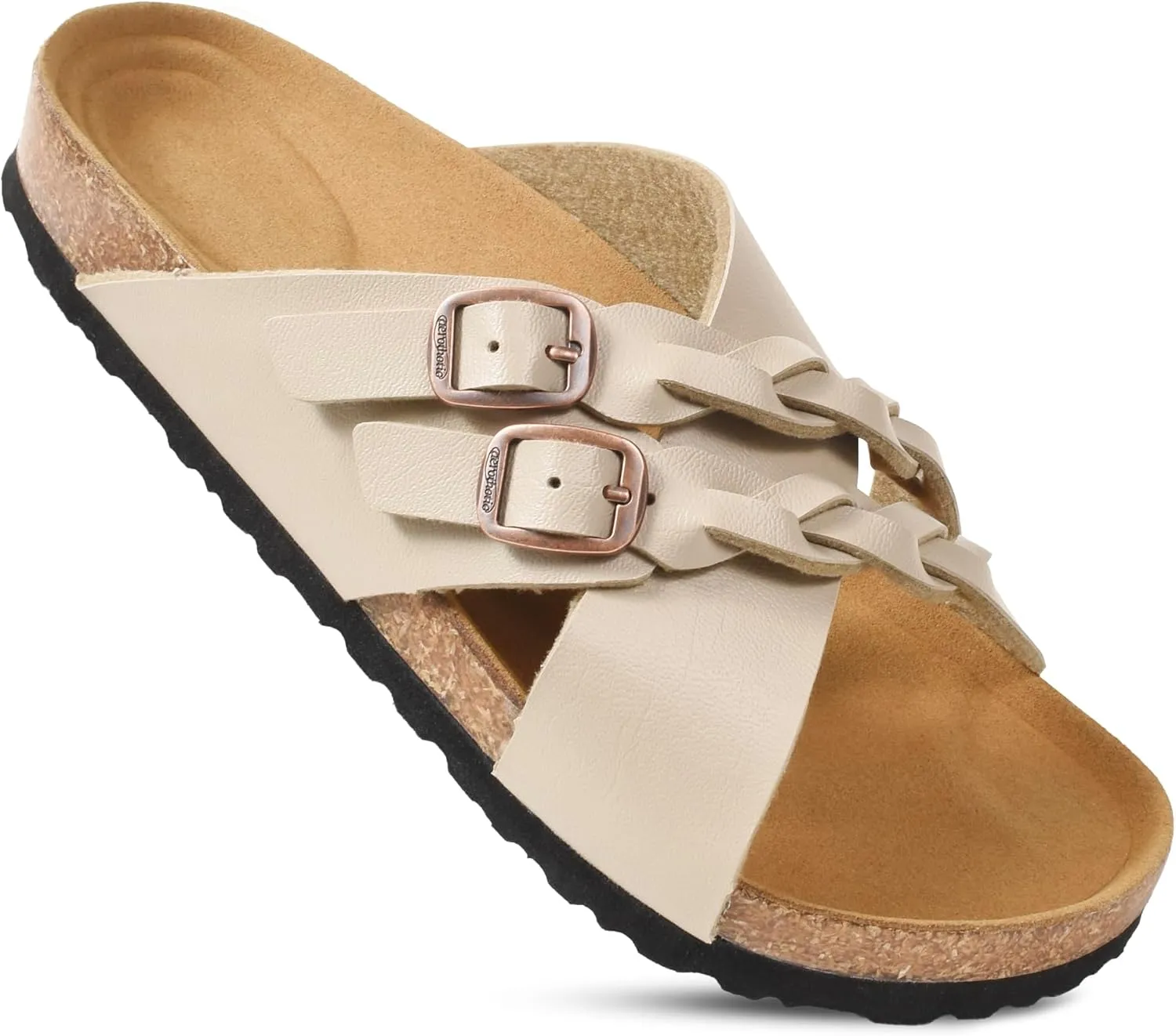 AEROTHOTIC Womens Slides - Soft Cork Footbed Sandals Women - Comfortable Walking Slip-on Flat Sandals - Arch Support Recovery Adjustable Buckle Leather Braided Straps Slipper 2025