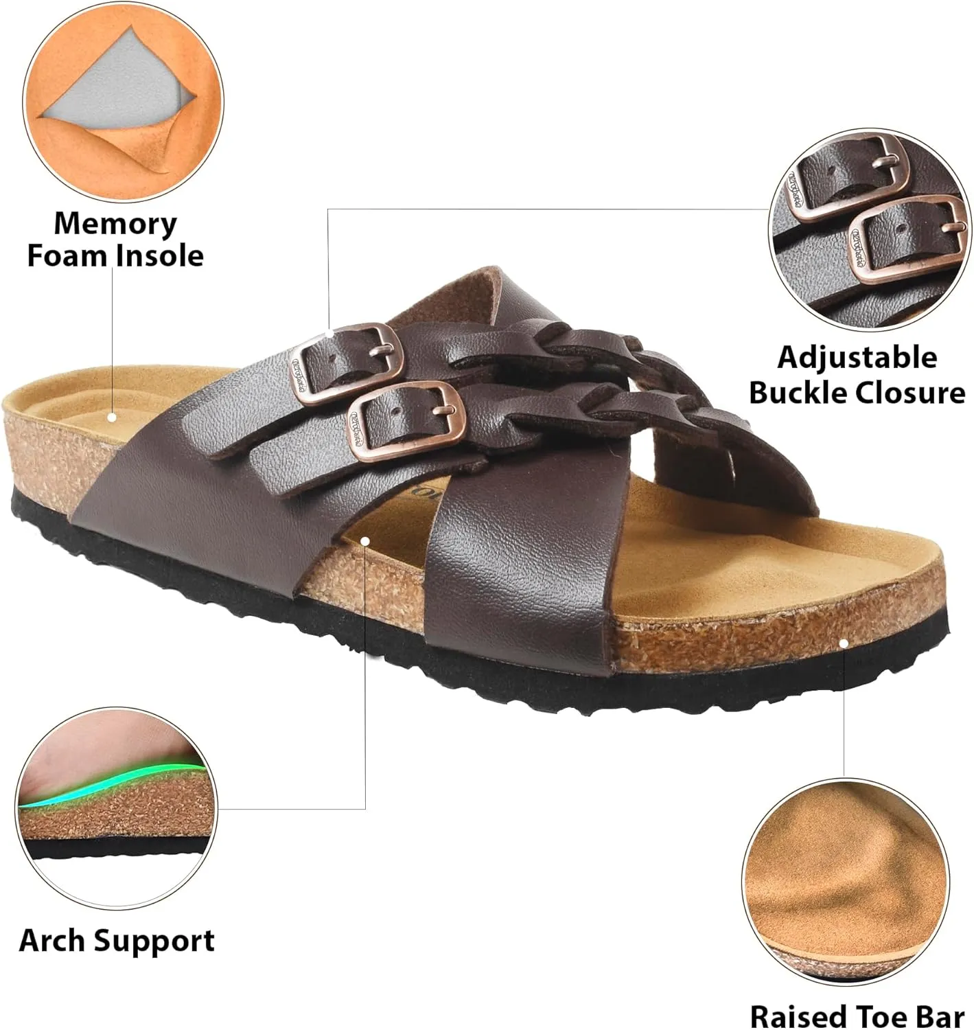 AEROTHOTIC Womens Slides - Soft Cork Footbed Sandals Women - Comfortable Walking Slip-on Flat Sandals - Arch Support Recovery Adjustable Buckle Leather Braided Straps Slipper 2025