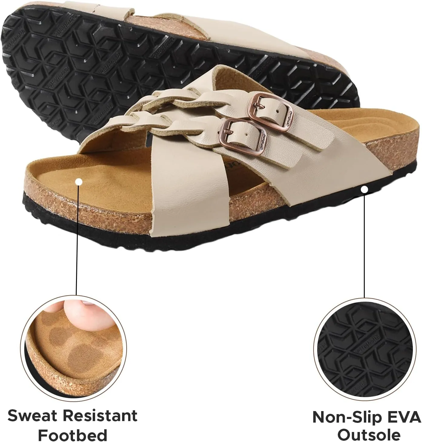 AEROTHOTIC Womens Slides - Soft Cork Footbed Sandals Women - Comfortable Walking Slip-on Flat Sandals - Arch Support Recovery Adjustable Buckle Leather Braided Straps Slipper 2025