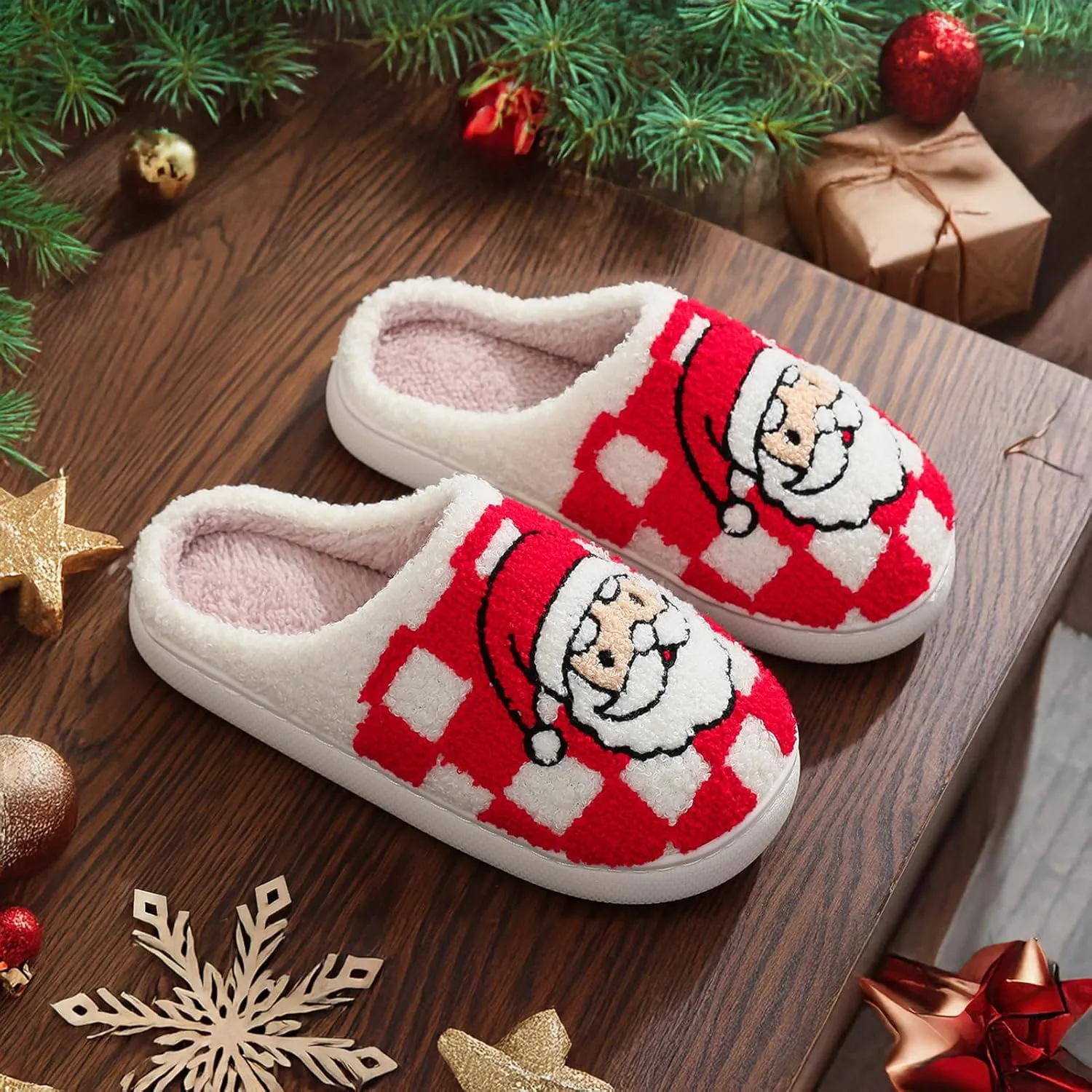 Afellicy Halloween Christmas Slippers Checkered Scuff for Women and Men Holiday Indoor Bedroom Fluffy Warm Fleece Slippers Winter Soft Cozy Home Non-Slip Soft Plush Slip-on Wool Lined House Shoes