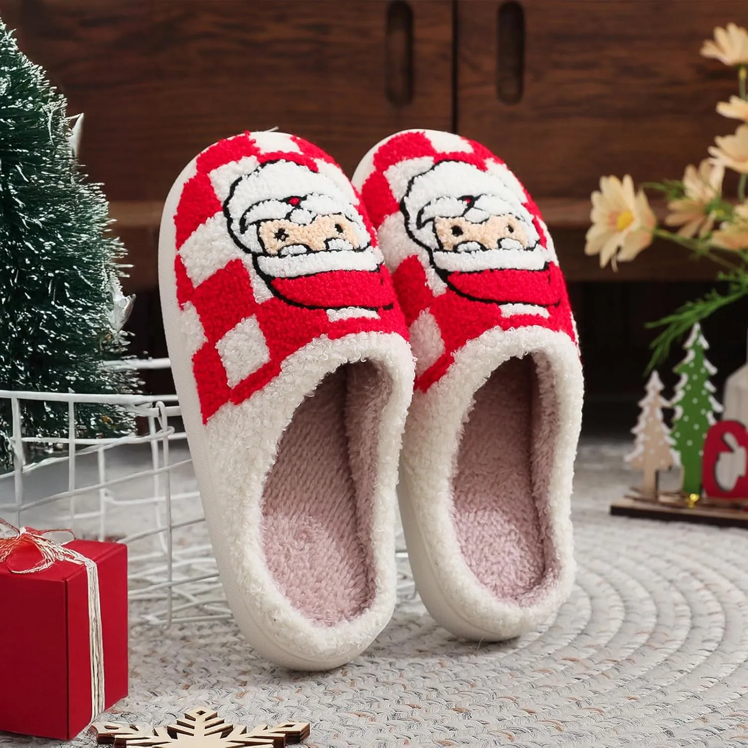 Afellicy Halloween Christmas Slippers Checkered Scuff for Women and Men Holiday Indoor Bedroom Fluffy Warm Fleece Slippers Winter Soft Cozy Home Non-Slip Soft Plush Slip-on Wool Lined House Shoes
