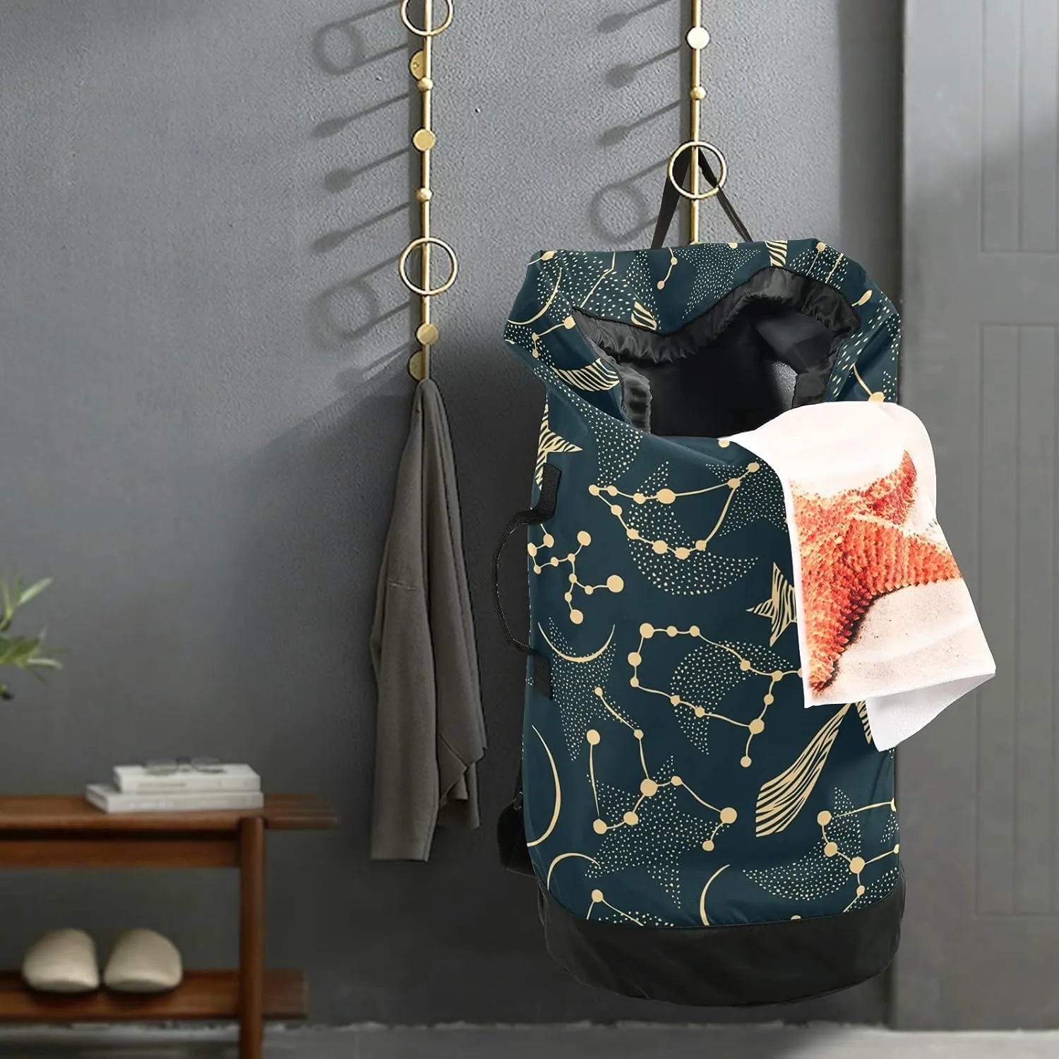 ALAZA Zodiac Sign Moon Star Laundry Bag Backpack Clothes Hamper Bag with Adjustable Shoulder Straps Drawstring Closure for Home Apartment College Dorm Travel