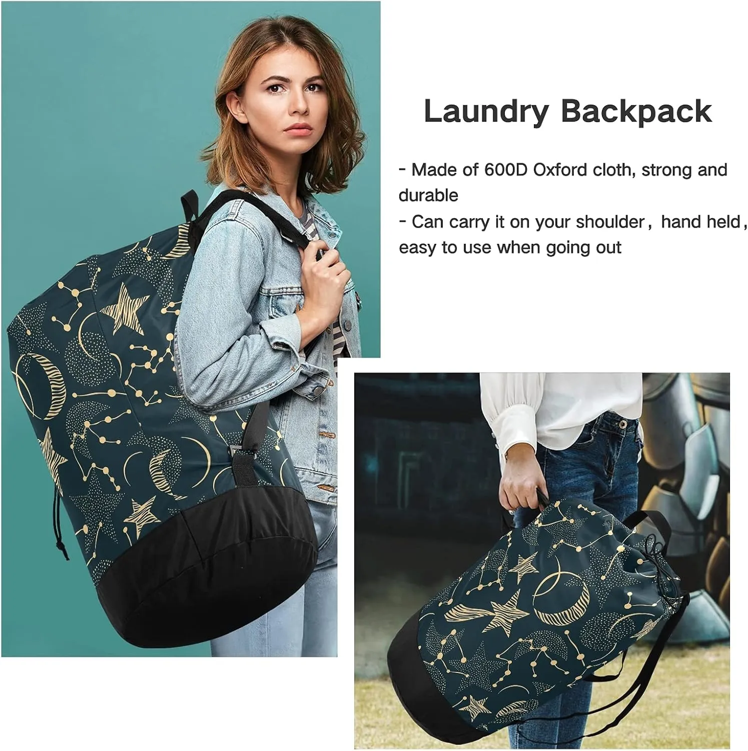 ALAZA Zodiac Sign Moon Star Laundry Bag Backpack Clothes Hamper Bag with Adjustable Shoulder Straps Drawstring Closure for Home Apartment College Dorm Travel