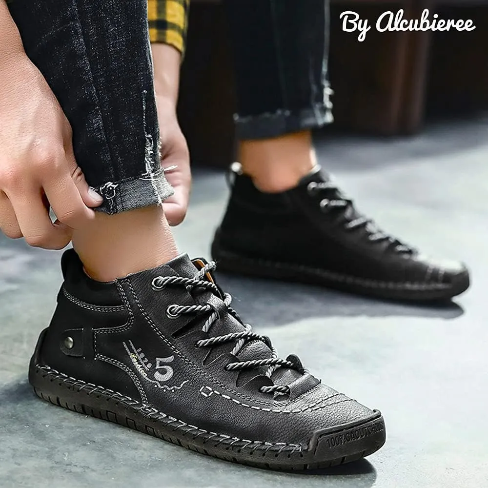 alcubieree Mens Casual Leather Shoes Ankle Chukka Boots Slip On Lightweight Loafers Mid top Walking Driving Shoes for Male