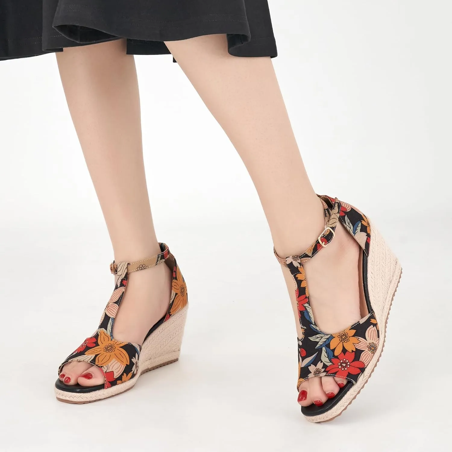 Alicegana Womens Wedge Sandals Platform - Comfortable Summer Dressy Sandal Open Square Toe Shoes Casual Non Slip Heels