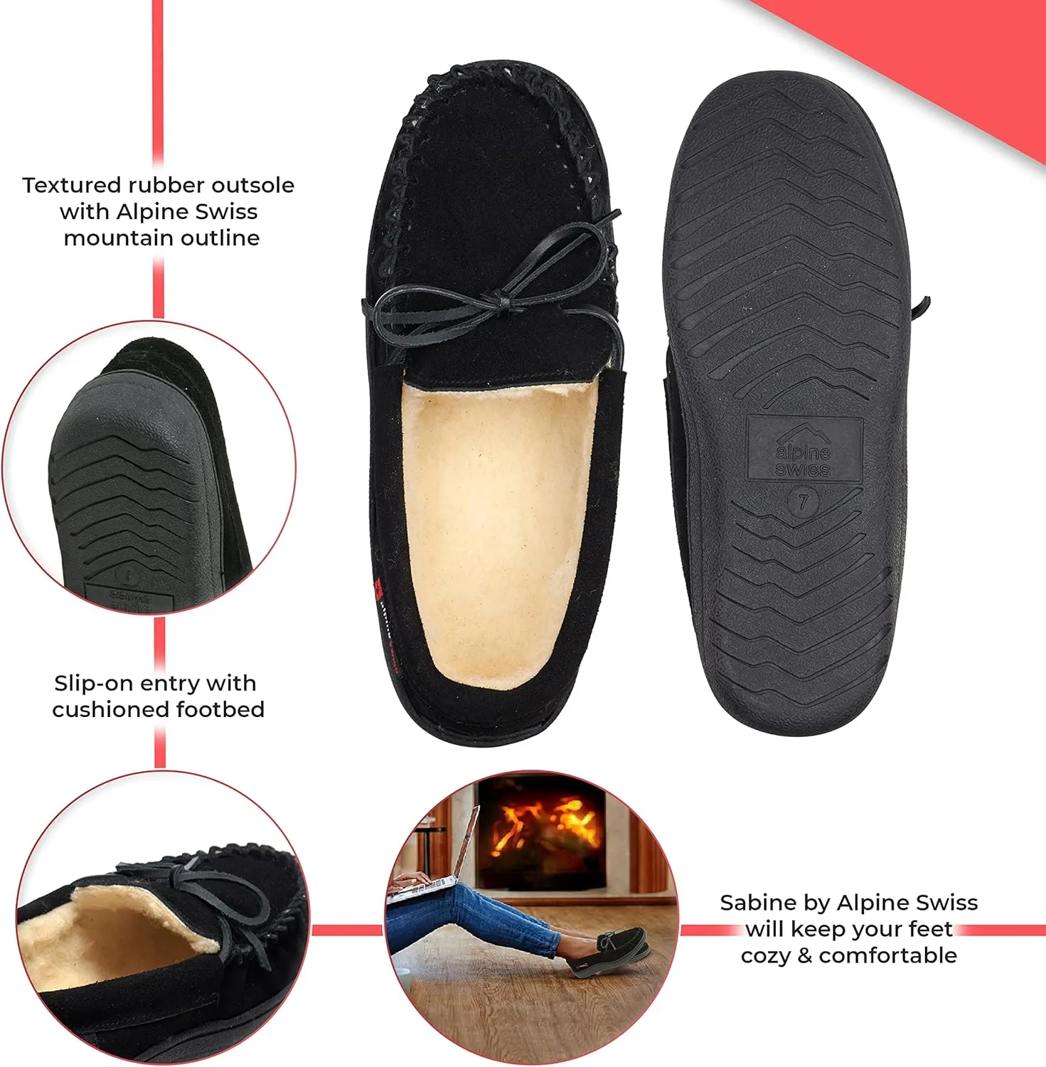 Alpine Swiss Sabine Womens Genuine Suede Shearling Slip On Moccasin Slippers
