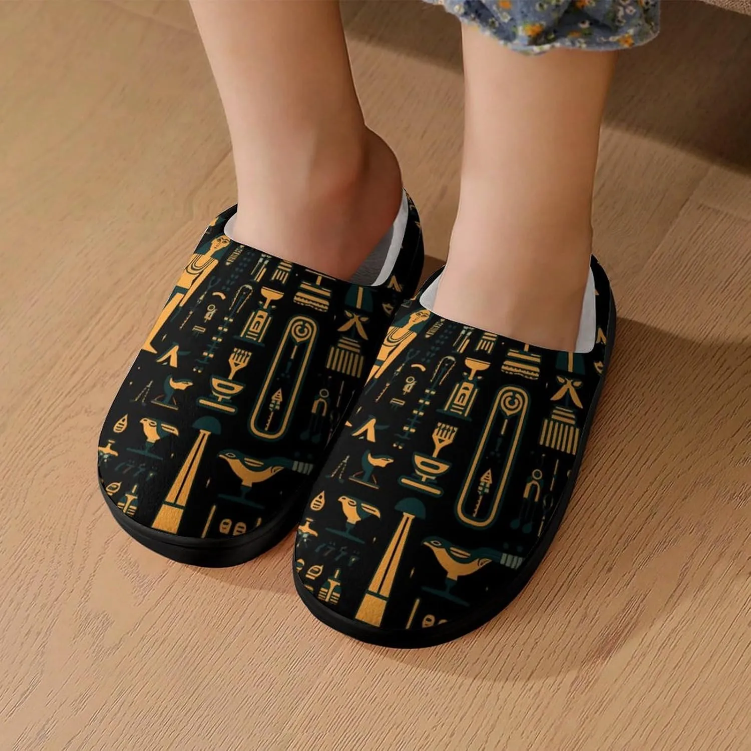 Ancient Egyptian Hieroglyph Print Kids Slippers for Girls Boys Winter Warm Plush Slip On House Slippers for Indoor Outdoor