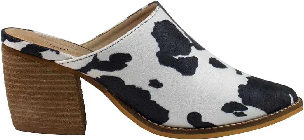 ARiderGirl Womens Sissy Stacked Heel Snake and Cow Print Pointed Toe Slip-on Mule