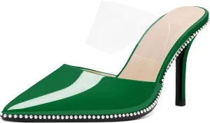 AUMOTED Women Stilettos High Heels Beaded Pumps Closed Pointed Toe Shoes Slip On 3.5 Inch Heeled Mules with PVC Official Business Shoes US Size 5-13