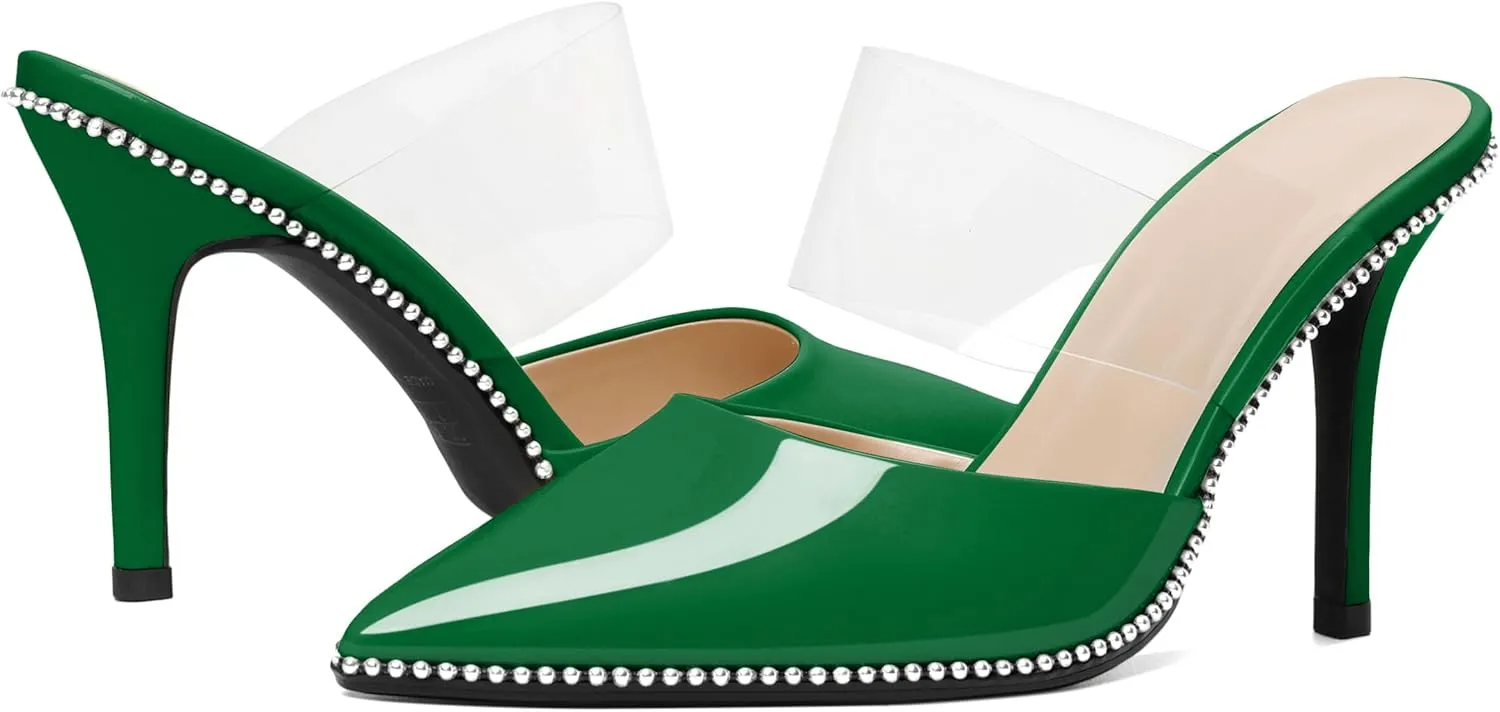 AUMOTED Women Stilettos High Heels Beaded Pumps Closed Pointed Toe Shoes Slip On 3.5 Inch Heeled Mules with PVC Official Business Shoes US Size 5-13