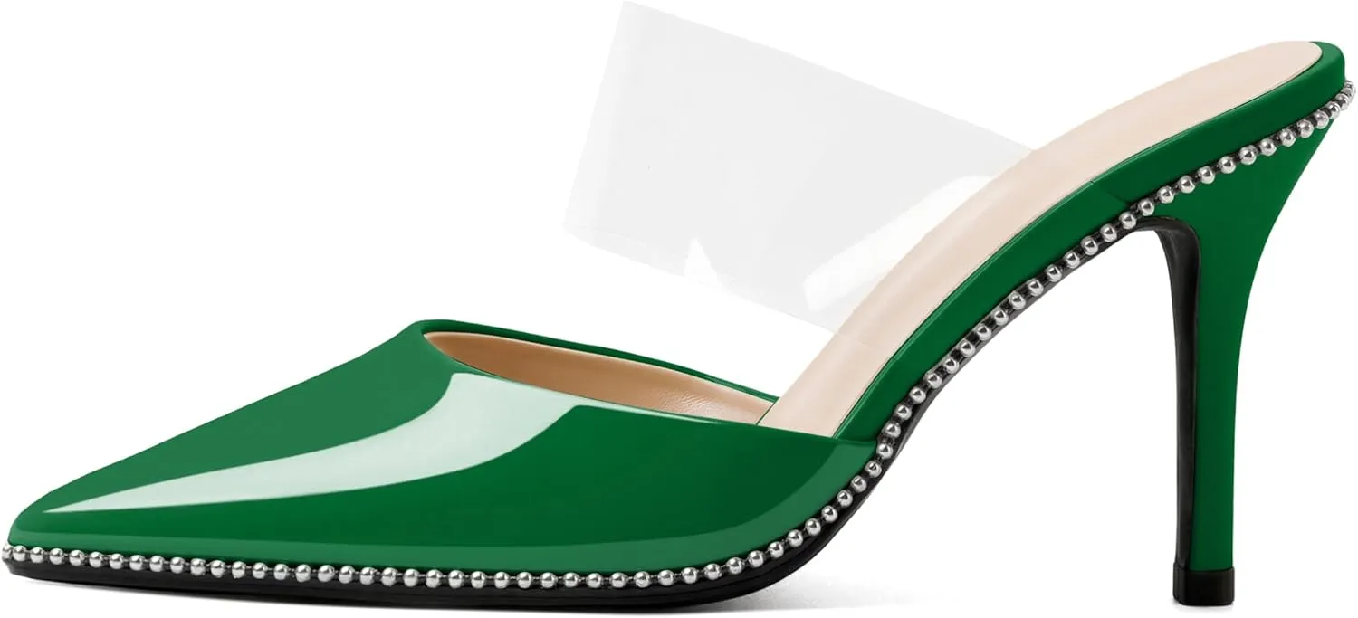 AUMOTED Women Stilettos High Heels Beaded Pumps Closed Pointed Toe Shoes Slip On 3.5 Inch Heeled Mules with PVC Official Business Shoes US Size 5-13