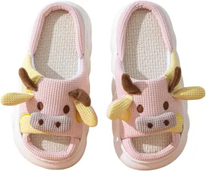 AZCHEN Women's Animal Cartoon Pig Slippers - Cute and Comfortable Linen Plush Slippers for Home