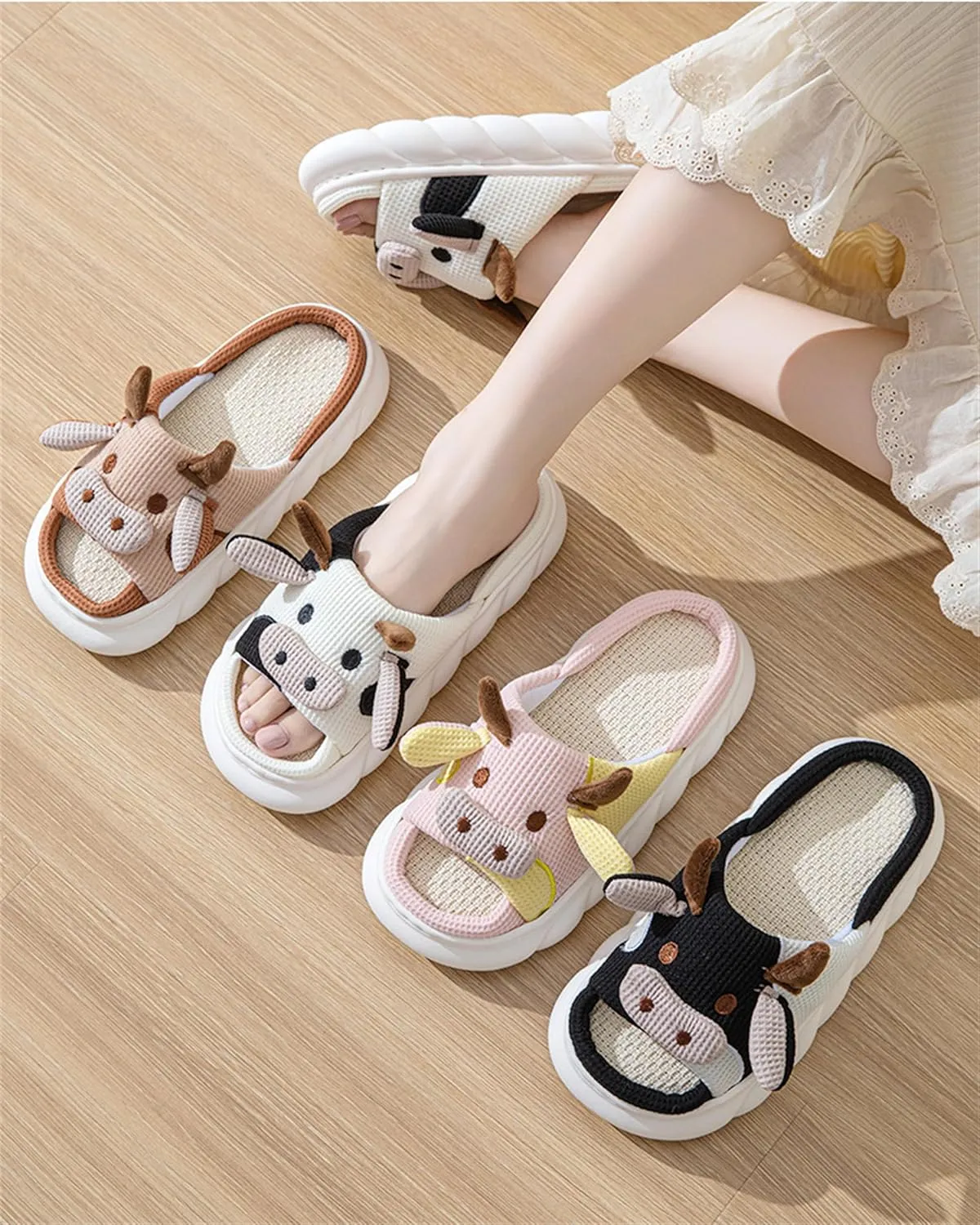 AZCHEN Women's Animal Cartoon Pig Slippers - Cute and Comfortable Linen Plush Slippers for Home