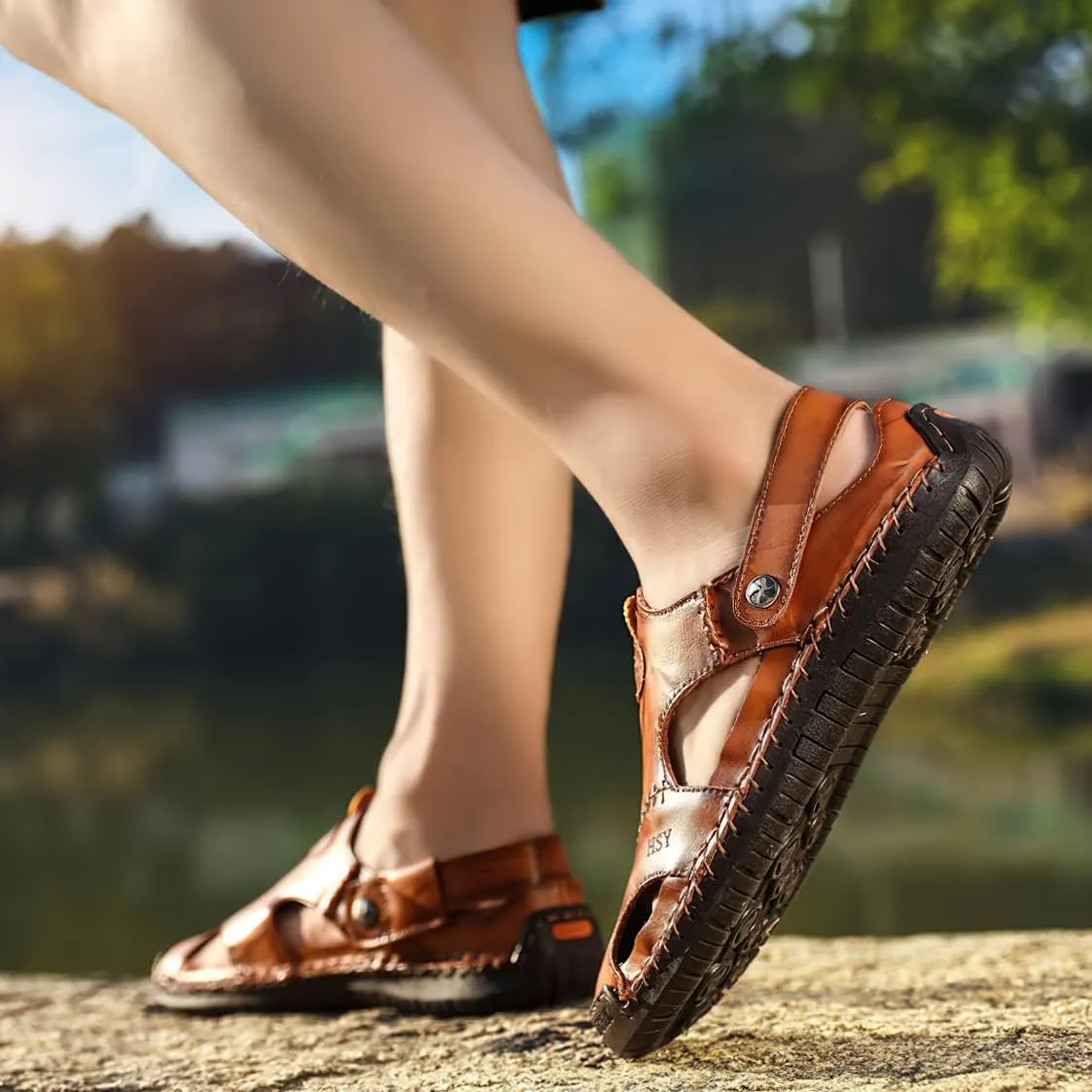 baobeijiadao Men's Outdoor Fisherman Shoes Closed Toe Handmade Leather Sandals Summer Slippers Sandal Walking Shoe