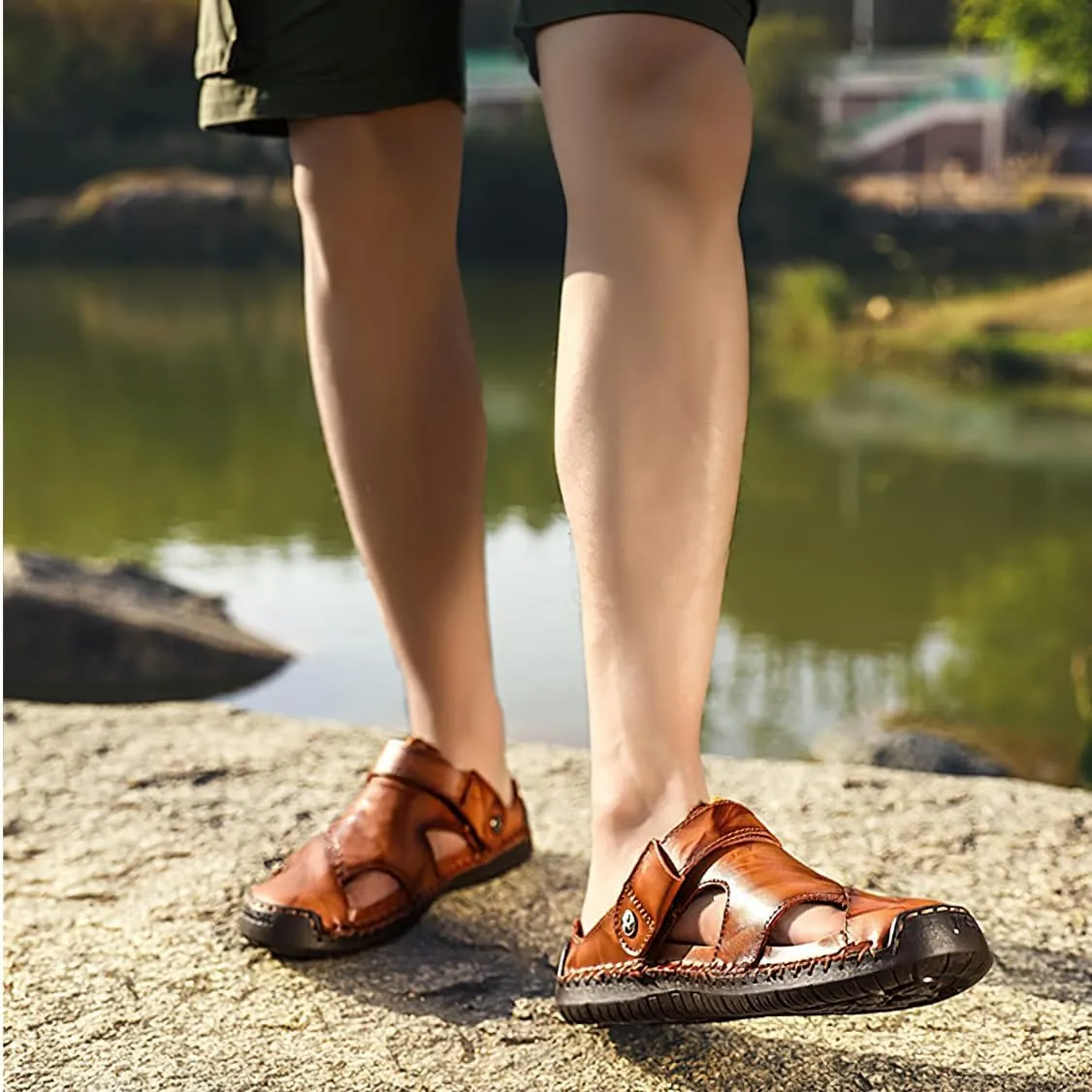 baobeijiadao Men's Outdoor Fisherman Shoes Closed Toe Handmade Leather Sandals Summer Slippers Sandal Walking Shoe