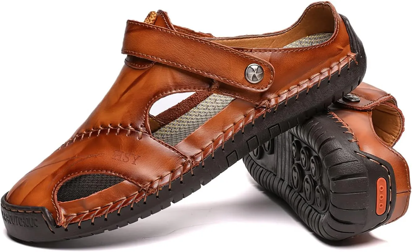 baobeijiadao Men's Outdoor Fisherman Shoes Closed Toe Handmade Leather Sandals Summer Slippers Sandal Walking Shoe
