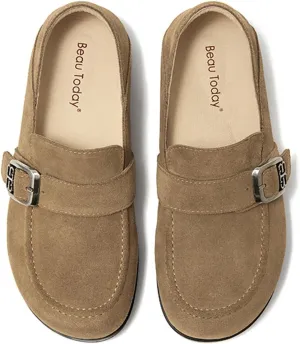 BEAU TODAY Suede Leather Loafers Women, Women’s Slip On Wide Width Loafers Flats Shoes, Footbed Comfortable Casual Dress Potato Shoes with Arch Support and Adjustable Buckle