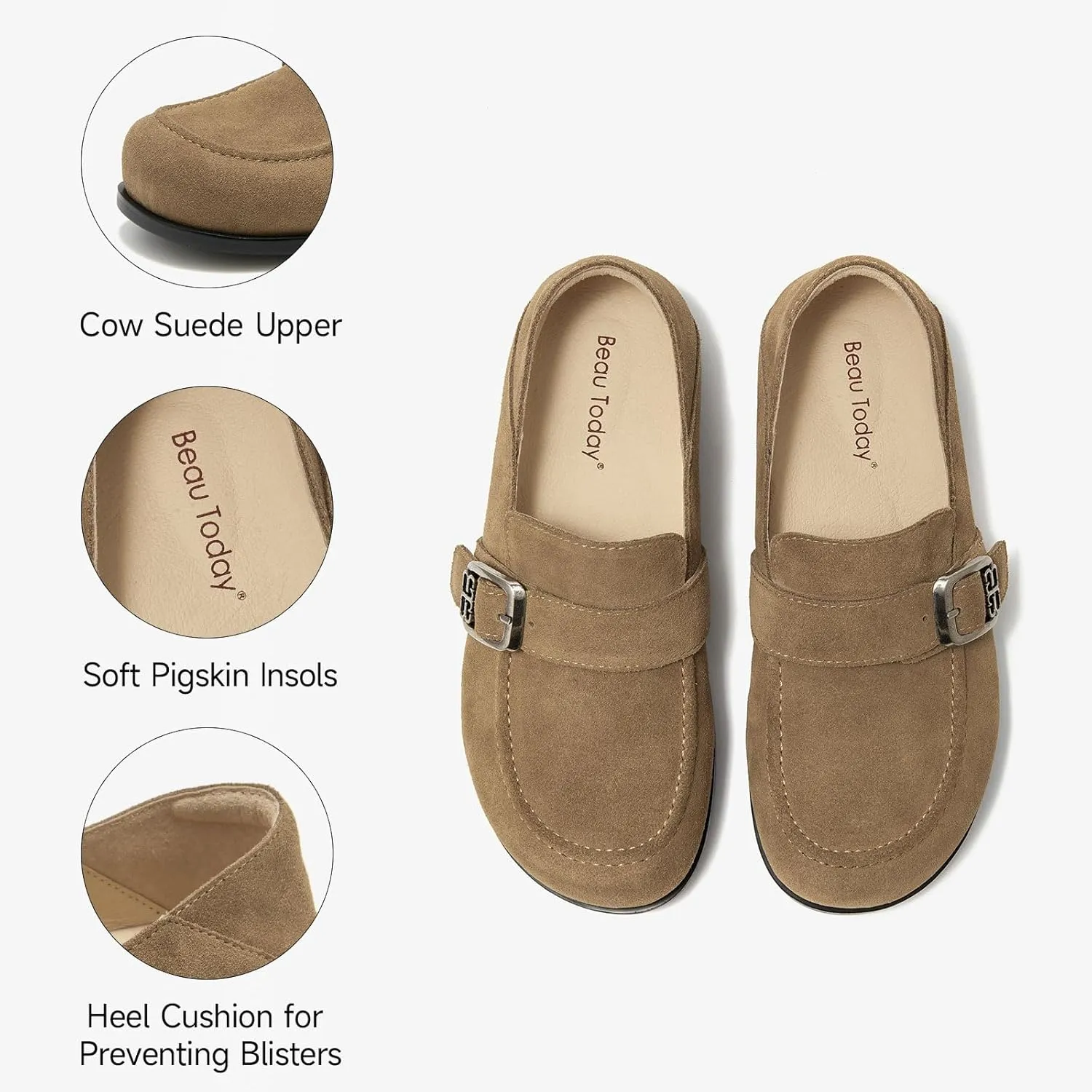 BEAU TODAY Suede Leather Loafers Women, Women’s Slip On Wide Width Loafers Flats Shoes, Footbed Comfortable Casual Dress Potato Shoes with Arch Support and Adjustable Buckle