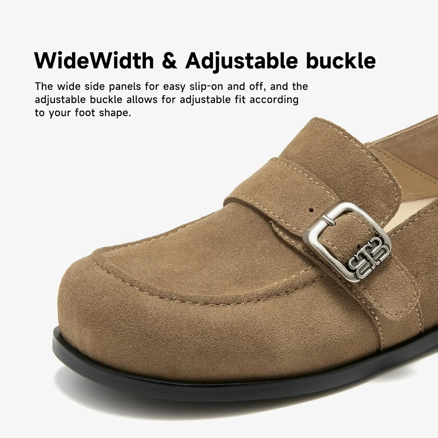 BEAU TODAY Suede Leather Loafers Women, Women’s Slip On Wide Width Loafers Flats Shoes, Footbed Comfortable Casual Dress Potato Shoes with Arch Support and Adjustable Buckle