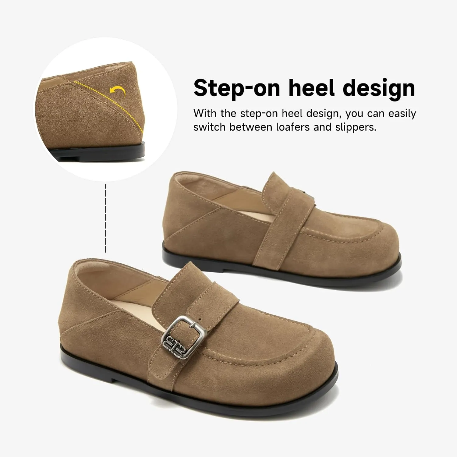 BEAU TODAY Suede Leather Loafers Women, Women’s Slip On Wide Width Loafers Flats Shoes, Footbed Comfortable Casual Dress Potato Shoes with Arch Support and Adjustable Buckle
