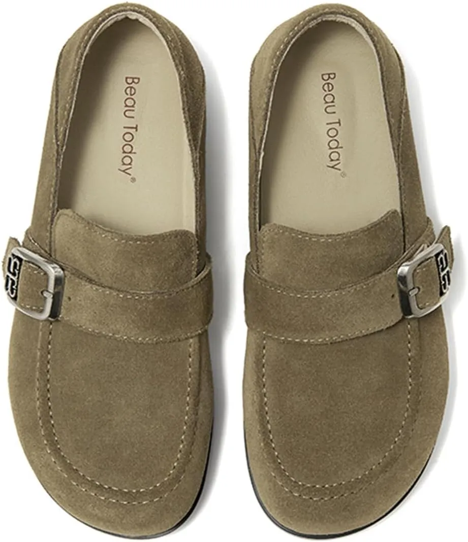 BEAU TODAY Suede Leather Loafers Women, Women’s Slip On Wide Width Loafers Flats Shoes, Footbed Comfortable Casual Dress Potato Shoes with Arch Support and Adjustable Buckle