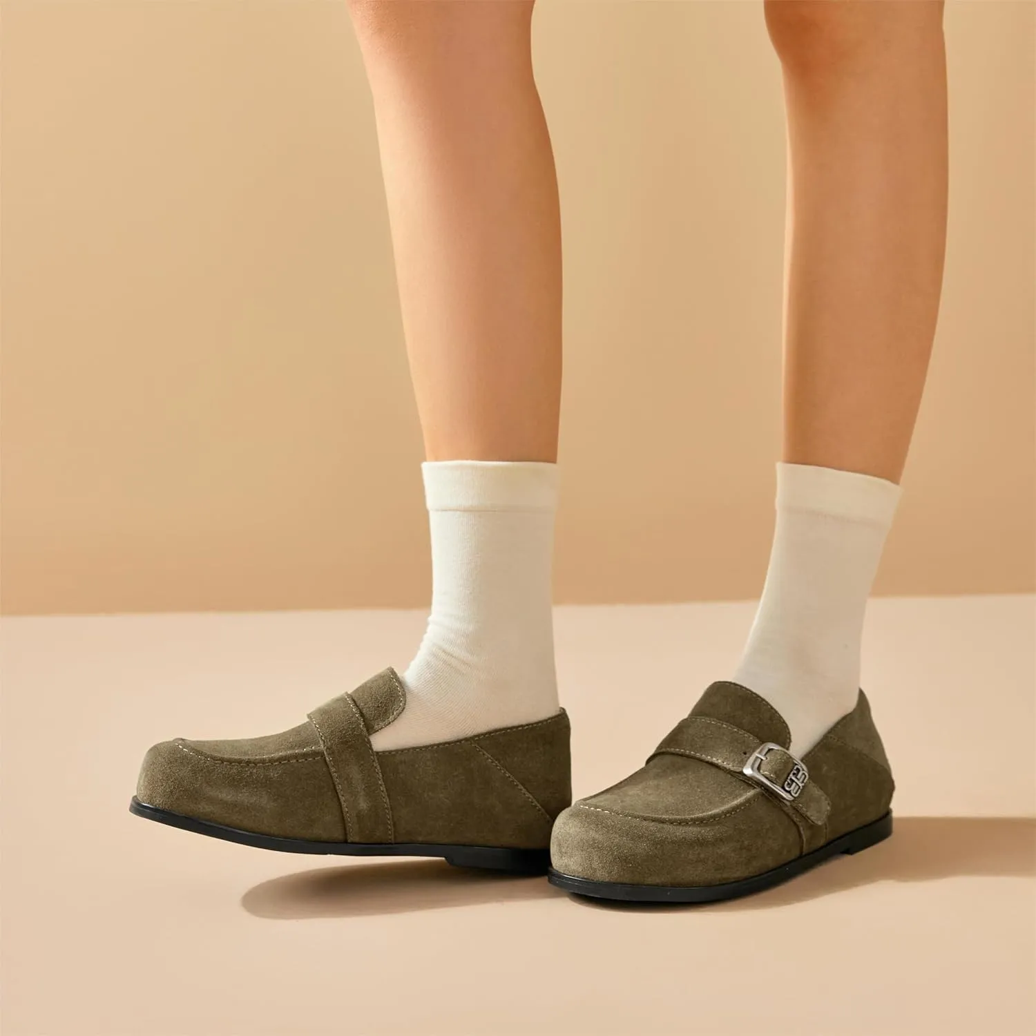 BEAU TODAY Suede Leather Loafers Women, Women’s Slip On Wide Width Loafers Flats Shoes, Footbed Comfortable Casual Dress Potato Shoes with Arch Support and Adjustable Buckle