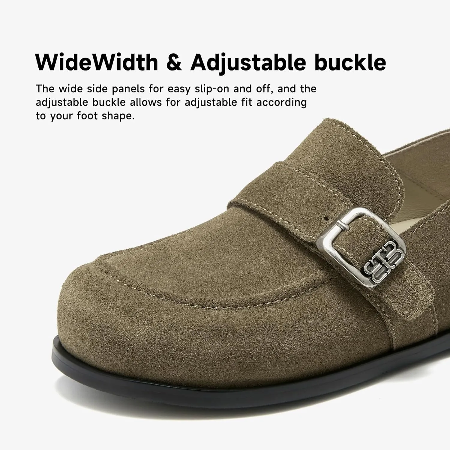 BEAU TODAY Suede Leather Loafers Women, Women’s Slip On Wide Width Loafers Flats Shoes, Footbed Comfortable Casual Dress Potato Shoes with Arch Support and Adjustable Buckle
