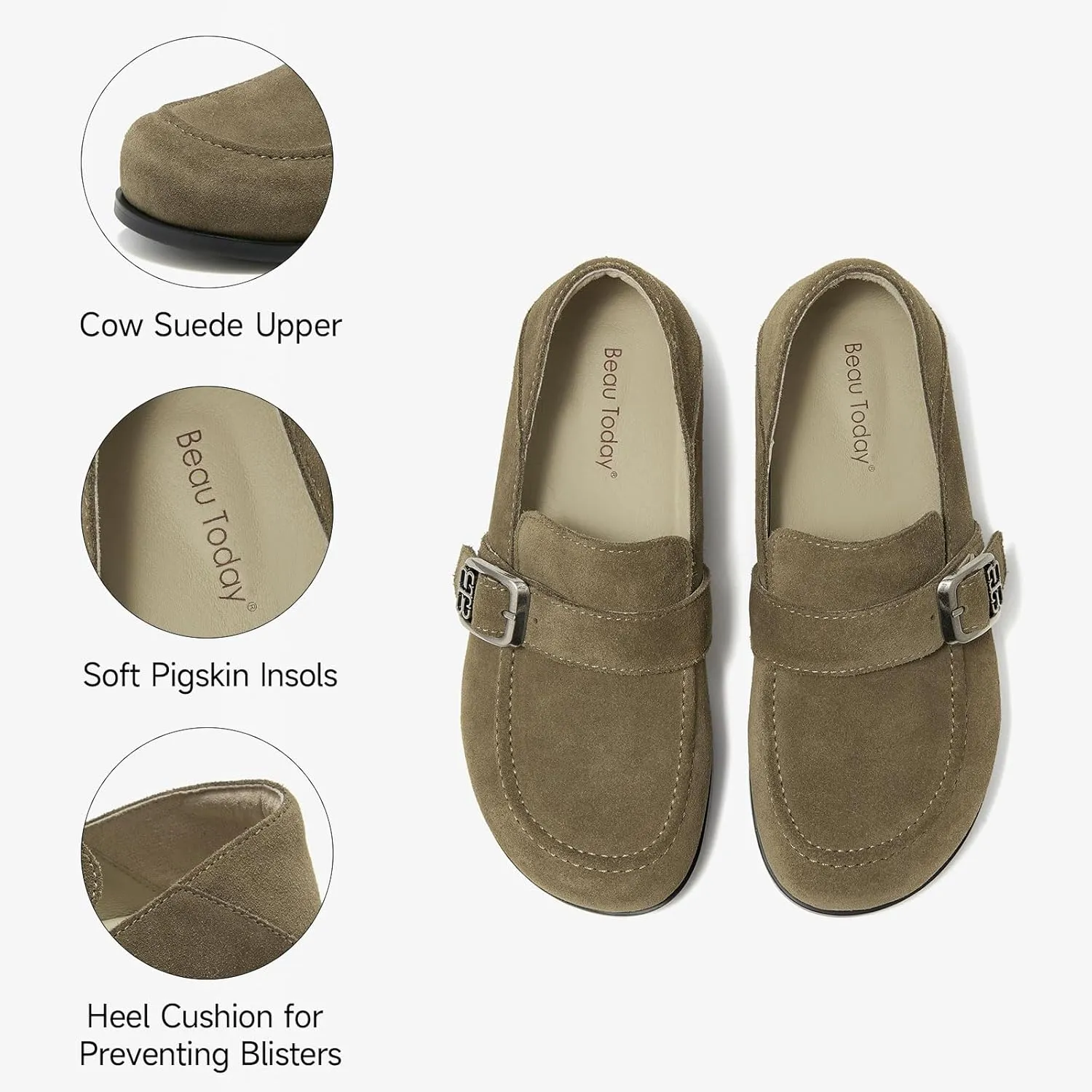 BEAU TODAY Suede Leather Loafers Women, Women’s Slip On Wide Width Loafers Flats Shoes, Footbed Comfortable Casual Dress Potato Shoes with Arch Support and Adjustable Buckle