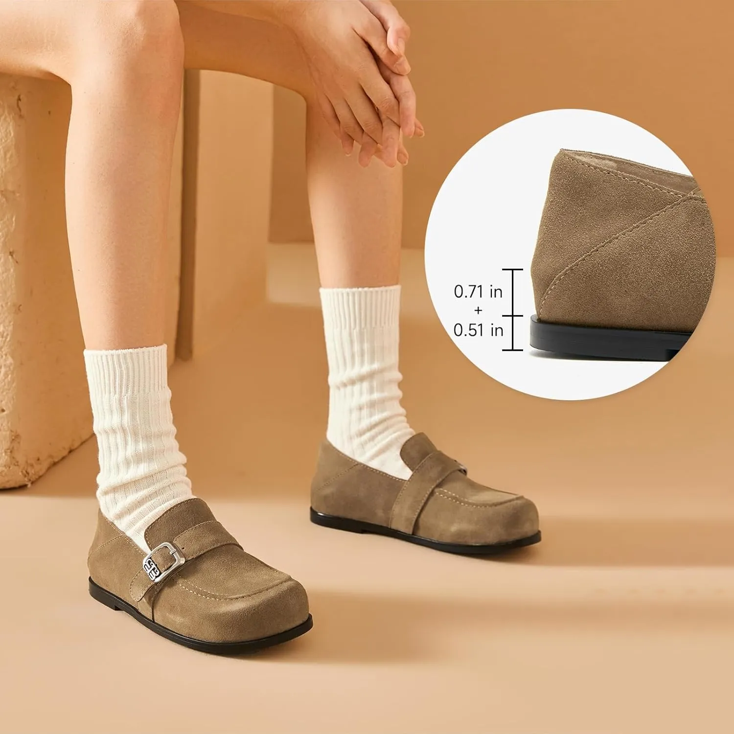 BEAU TODAY Suede Leather Loafers Women, Women’s Slip On Wide Width Loafers Flats Shoes, Footbed Comfortable Casual Dress Potato Shoes with Arch Support and Adjustable Buckle