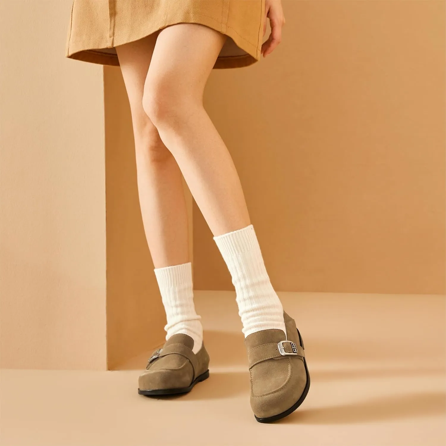 BEAU TODAY Suede Leather Loafers Women, Women’s Slip On Wide Width Loafers Flats Shoes, Footbed Comfortable Casual Dress Potato Shoes with Arch Support and Adjustable Buckle