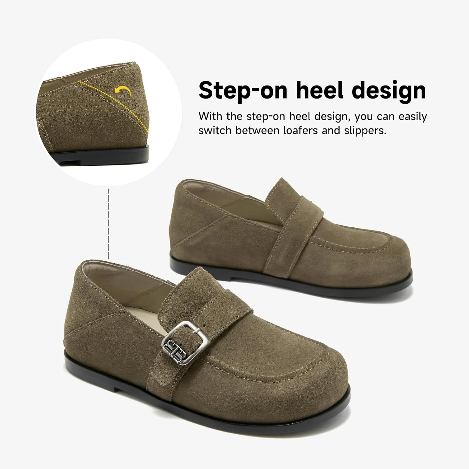 BEAU TODAY Suede Leather Loafers Women, Women’s Slip On Wide Width Loafers Flats Shoes, Footbed Comfortable Casual Dress Potato Shoes with Arch Support and Adjustable Buckle