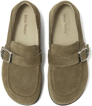 BEAU TODAY Suede Leather Loafers Women, Women’s Slip On Wide Width Loafers Flats Shoes, Footbed Comfortable Casual Dress Potato Shoes with Arch Support and Adjustable Buckle
