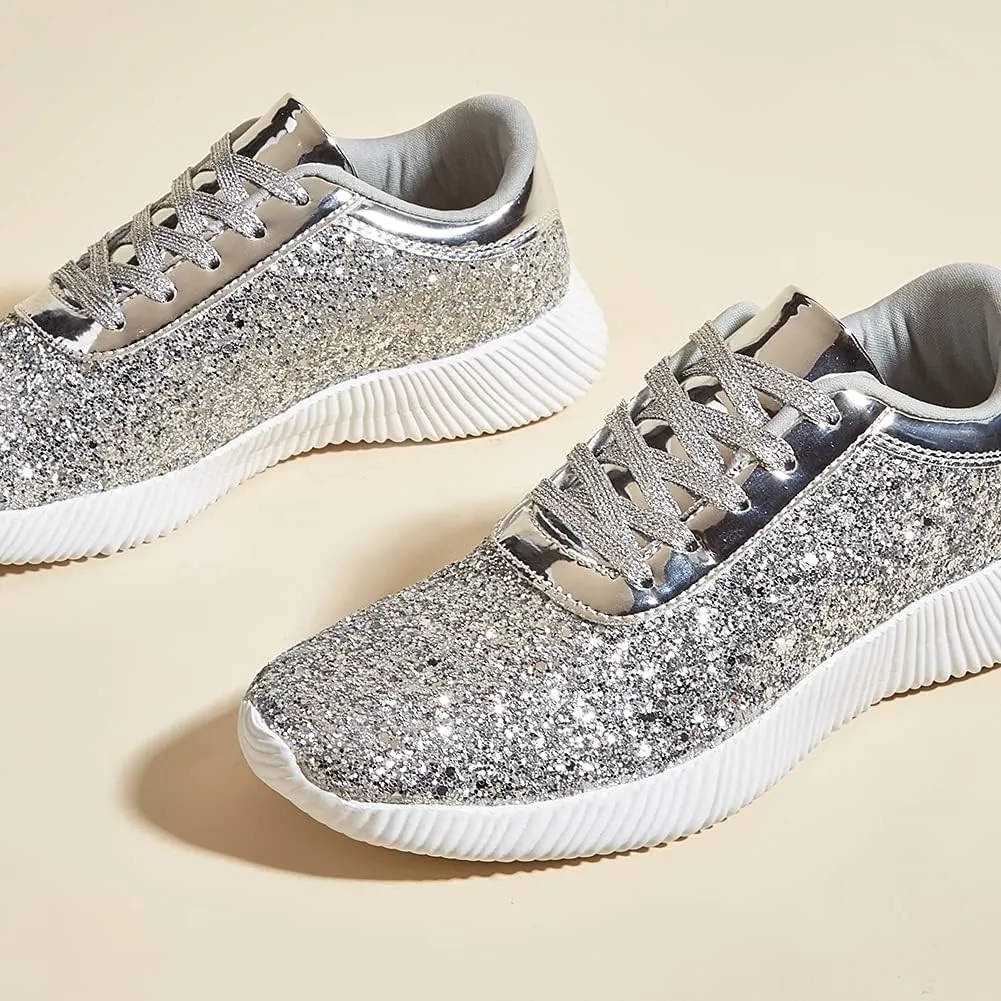 BELOS Women's Glitter Shoes Sparkly Lightweight Metallic Sequins Tennis Shoes Casual Retro Braided Walking Shoes