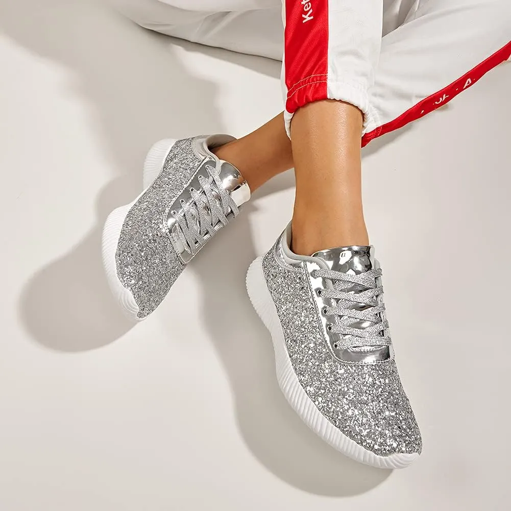 BELOS Women's Glitter Shoes Sparkly Lightweight Metallic Sequins Tennis Shoes Casual Retro Braided Walking Shoes