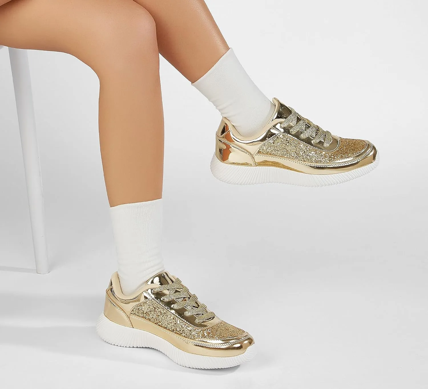 BELOS Women's Glitter Shoes Sparkly Lightweight Metallic Sequins Tennis Shoes Casual Retro Braided Walking Shoes